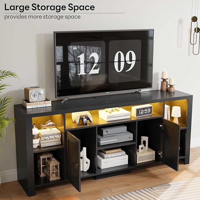 LIKIMIO TV Stand for TVs 80 inch with LED Lights & Power Outlet, Entertainment Center with Cabinets, Adjustable Shelves and Open Shelves, Modern Media TV Console Living Room, Black