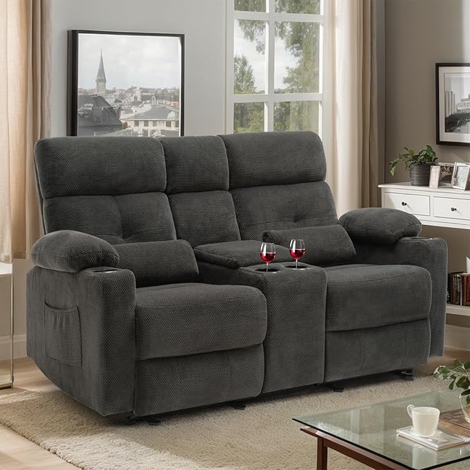 Power Reclining Loveseat with Console, Power Loveseat Recliner Sofa with Heat and Massage, Extended Footrest, Wall Hugger RV Reclining Couch with Cup Holders, Lumbar Support for Living Room