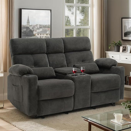 Power Reclining Loveseat with Console, Power Loveseat Recliner Sofa with Heat and Massage, Extended Footrest, Wall Hugger RV Reclining Couch with Cup Holders, Lumbar Support for Living Room