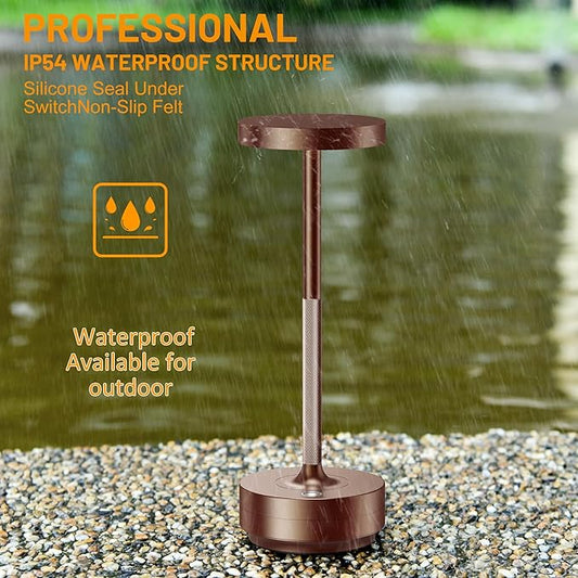 SAKRINGT 2 Pack Rechargeable Cordless Table Lamp - Battery Operated LED Portable Table Light with 3 Color Stepless Dimming, Memory Function - IP54 Waterproof for Outdoor, Restaurant, Patio, Camping