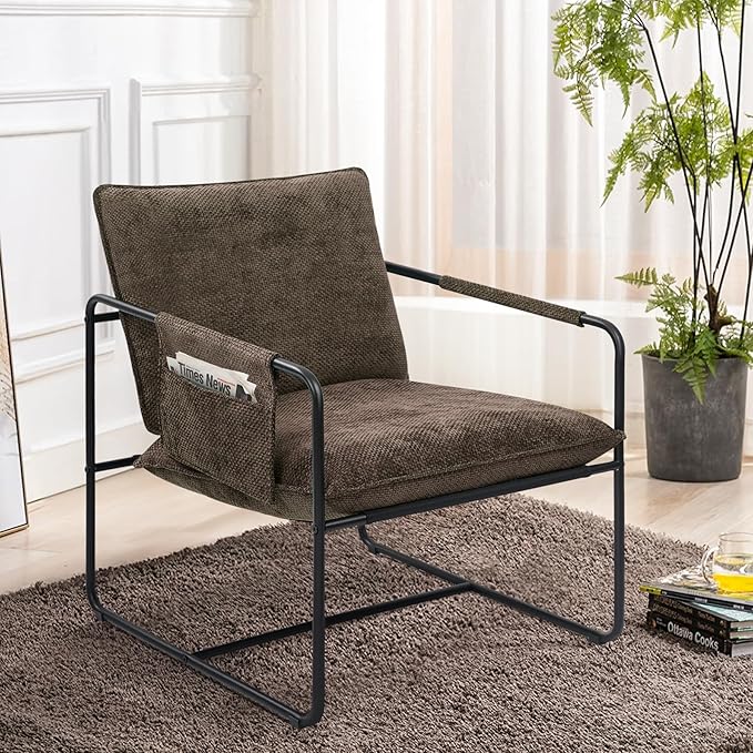 Accent Chair with Metal Frame, Upholstered Living Room Chairs with Cushions, Comfy Reading Armchair for Bedroom Brown