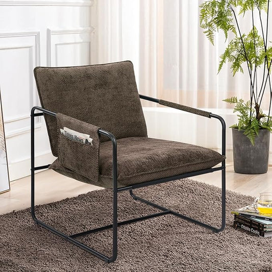 Accent Chair with Metal Frame, Upholstered Living Room Chairs with Cushions, Comfy Reading Armchair for Bedroom Brown