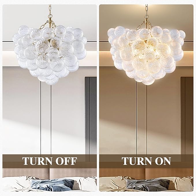 Longree Nordic Bubble Ball Swirled Glass Chandelier, Diam 24 inch Gild Gold and Clear Blown Glass Hanging Pendant Light Fixture for Bedroom Study Restaurant