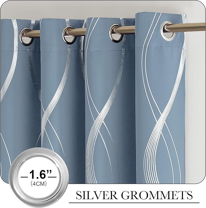 NICETOWN Vintage Blue Foil Printed Curtain for Extra Wide Window, W66 x L84 inch, Wave Line Design Modern Style Drapes Privacy Protection for Room Divider, 2 Panels