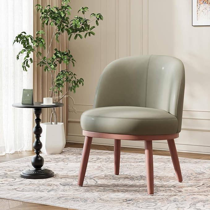 Accent Chair Set of 1, PU Leather Mid-Century Modern Chair for Small Space, Comfy Upholstered Armless Chair, for Living Room, Bedroom, Olive Green