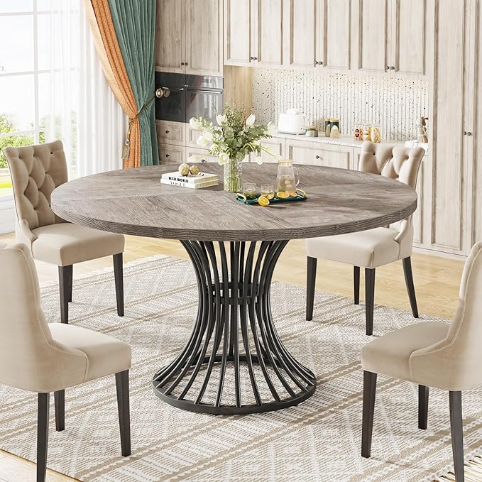 Tribesigns Round Dining Table for 4-6 People, 47-Inch Farmhouse Dinning Room Circle Kitchen Table, Industrial Dinner Table with Metal Base for Kitchen, Living Room, Gray