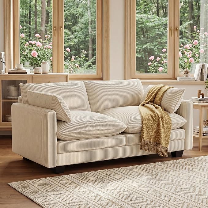 Gizoon 75” Small Cloud Loveseat Couches for Living Room, 2 Seater Love Seat Sofa with Comfy Deep Seat, Small Washable Couches with Removable Corduroy Cover for Apartment, Beige
