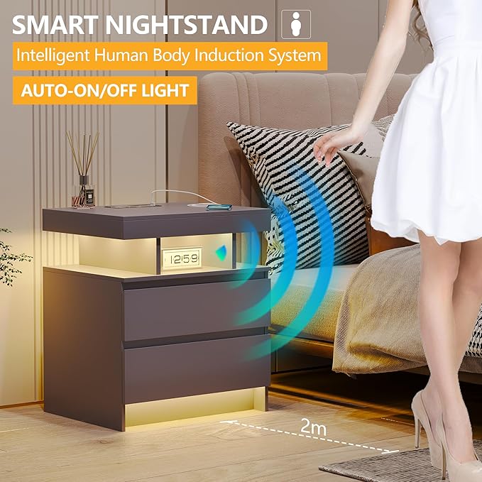 dnbss Nightstand with Charging Station and LED Light, Modern Night Stand with 2 Drawers, Smart Nightstand with USB Ports and Wireless Charger, Bedside Table for Bedroom (Grey)