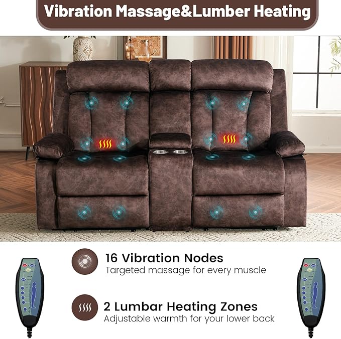 Power Reclining Loveseat with Console, Loveseat Recliner Sofa with Massage & Heat, Perfect Electric Couch for Living Room (Brown)