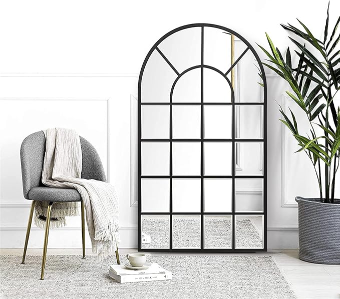 Black Arched Window Mirror, Large Window Pane Mirror with Beveled, Metal Framed Windowpane Mirrors, 28.5" X 50" Arched Wall Mirrors for Wall Decor, Entryway, Living Room