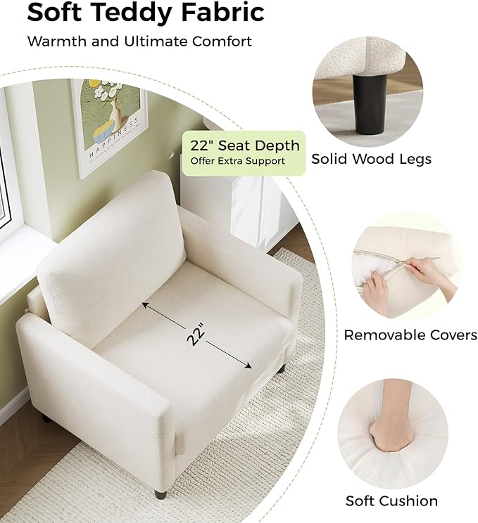 Welzona Sofa Accent Chair, 33" Reading Chair for Bedroom, Tool-Free Setup Living Room Accent Chairs, Comfy Arm Chairs Living Room, All-Wood Reading Nook, Beige