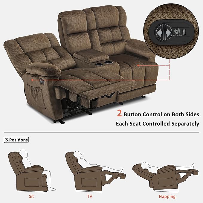 MCombo Zero Gravity Power Loveseat Recliner with Console, Heat and Vibration Massage, Reclining Loveseat Sofa with USB Ports, Cup Holders for Living Room, Fabric RS6234 (Dark Brown)