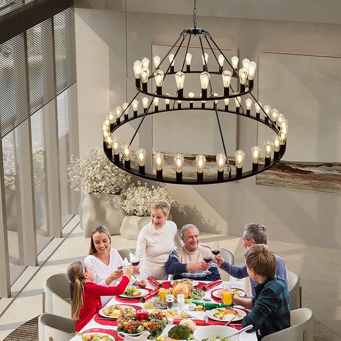 Wagon Wheel Chandelier 2 Tier 54-Light 60-inch, Farmhouse Industrial Chandelier Black Rustic Pendant Light Fixture Extra Large for High Ceilings, Living Room Foyer
