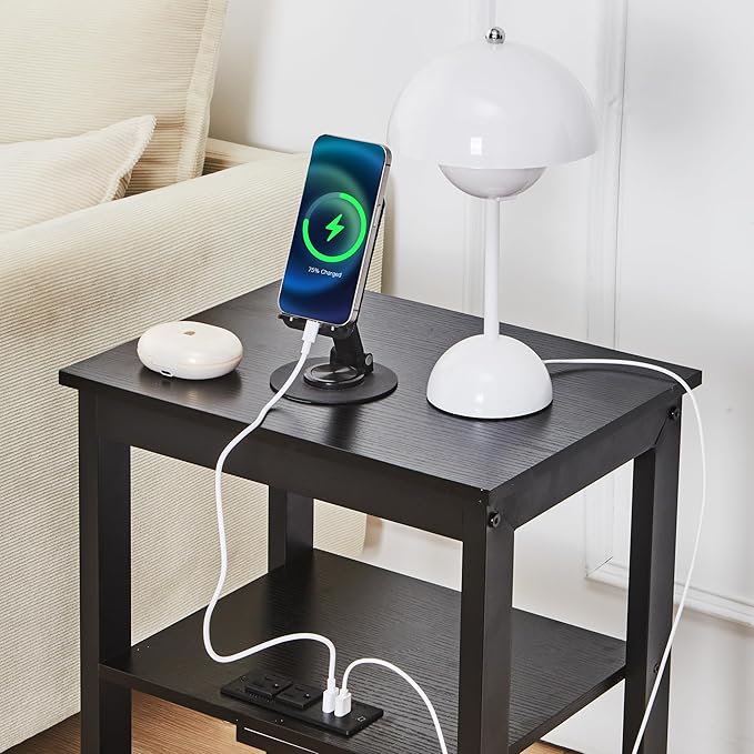 VECELO Side/End Storage with Shelf Versatile Nightstands Lamp Table Living Room Bedroom Furniture, Shelves, Classic Black