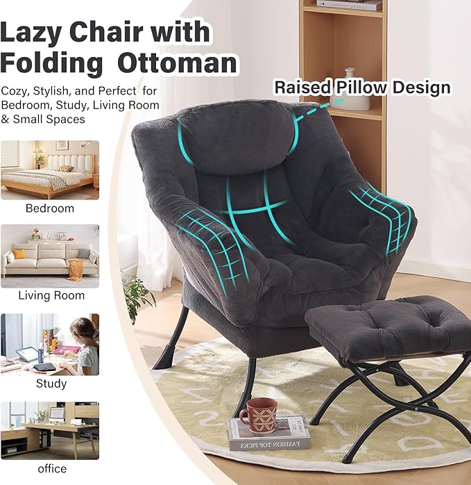 Lazy Chair with Ottoman, Modern Chair with Folding Footrest, Plush Navy Accent Chair, Comfortable Reading Chair, Oversized Armchairs for Bedroom, Study, Living Room, Courtyard
