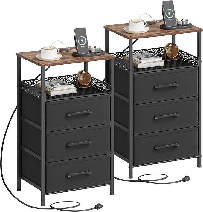 Nightstand Set of 2, Night Stands with Charging Station, 26.4 Inch Tall Bedside Table with Metal Shelf, Modern Side End Table with 3 Fabirc Drawers, Small Dresser for Bedroom, Rustic Brown