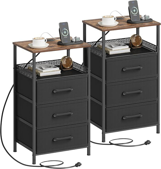 Nightstand Set of 2, Night Stands with Charging Station, 26.4 Inch Tall Bedside Table with Metal Shelf, Modern Side End Table with 3 Fabirc Drawers, Small Dresser for Bedroom, Rustic Brown