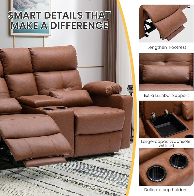GUEAPY 68" Power Reclining Loveseat with Heat & Massage, Wall Hugger Double Reclining Sofa with Console, Cup Holders & Storage, Power Reclining Couch for Camper, Trailer, RV, Home Theater Living Room
