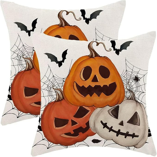 BETGINY Halloween Pillow Covers 18 x 18 Inch Pack of 2, White Pumpkin Bat Spider Web Decorative Throw Pillow Covers Vintage Linen Farmhouse Outdoor Halloween Pillowcase for Bedroom Home Sofa Decor