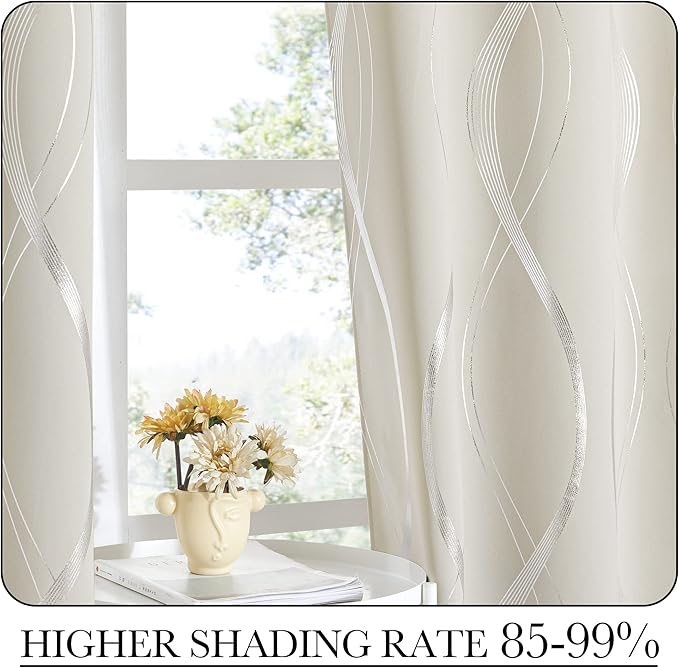NICETOWN Bedroom Curtains Small Blackout Panels, Beige, Set of 2, 42 by 48 Inch, Window Treatment Thermal Insulated Solid Grommet Blackout Wave Line Foil Print Design Curtains for Kitchen, Cafe, Loft