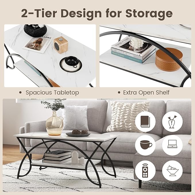 COSTWAY 2-Tier Coffee Table, Modern Faux Marble Accent Table with Storage and Black Finished Metal Frame, Chic Rectangular End Table for Living Room Office Lounge (White+Black)