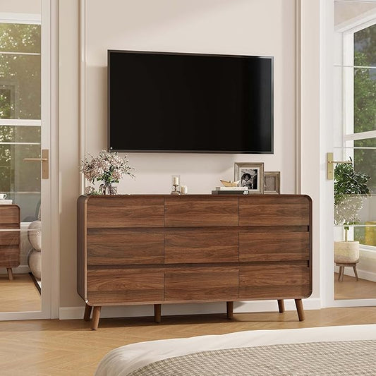 Dressers for Bedroom with 9 Drawer, Mid Century Modern Chests of Drawers, Curved Wooden Bedroom Dresser with Storage Drawer, Wide Dresser for Closet, Living Room, Home Office, Walnut