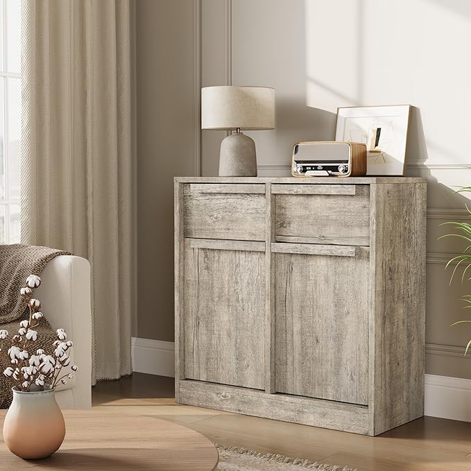 GarveeHome Sideboard Buffet Cabinet with 2 Drawers, 31.5 in Large Coffee Cabinet with Storage, Modern Storage Buffet Table for Kitchen Dining Room, Living Room (Grey, 2 Doors & 2 Drawers)