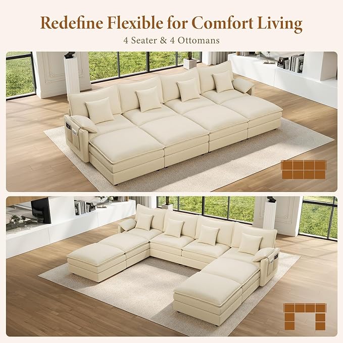 Vesgantti 142" Oversized Sectional Sofa Bed, 8-Seater Modular Sleeper Cloud Couch with Movable Ottoman, Chenille Convertible Sofa Set Deep Seat Couches for Living Room, Bedroom and Apartment, Beige | Sink-in Comfort, Height Adjustable, Easy Rearrangeme...