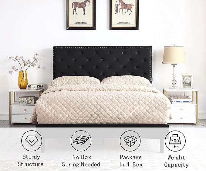 Full Upholstered Platform Bed Frame with 48" Tall Adjustable Headboard - Button Tufted Suede Velour Bed- Wood Slat Support with Storage Space- No Box Spring Needed - Black - OLIVER & SMITH - Princeton
