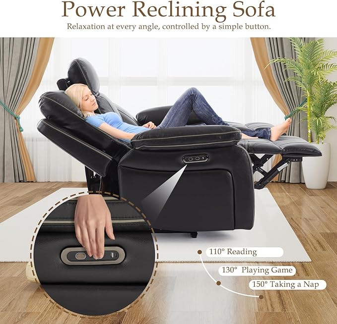 Power Reclining Loveseat with LED Reading Light/Bluetooth Speakers/Storage Drawer, Power Loveseat Recliner Sofa Wall Hugger Reclining Loveseat for Living Room(Black, 2 Seat with Console) | Outlets, USB & Type-C Ports