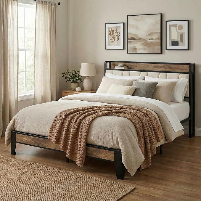 LIKIMIO Full Size Bed Frame, Storage Headboard with Charging Station, Solid and Stable, Noise Free, No Box Spring Needed, Easy Assembly (Walnut and Beige)