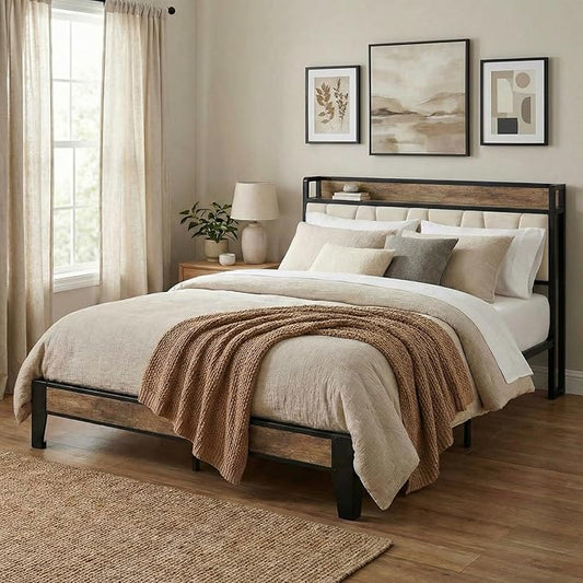 LIKIMIO Full Size Bed Frame, Storage Headboard with Charging Station, Solid and Stable, Noise Free, No Box Spring Needed, Easy Assembly (Walnut and Beige)