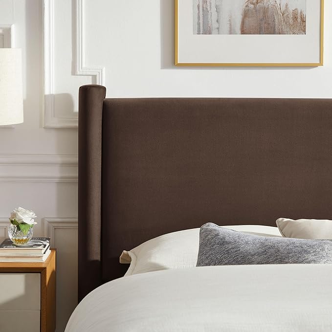 Modway Rael King Platform Bed Frame with Upholstered Headboard and Footboard in Chocolate Brown – Stain-Resistant Performance Velvet King Size Bed with Rounded Posts