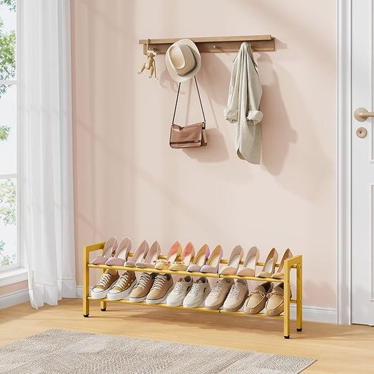 FAVOOSTY 2-Tier Expandable Shoe Rack, Adjustable Shoe Shelf Storage Organizer Space Saving Metal Free Standing Shoe Rack for Entryway Closet Doorway, Gold