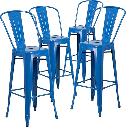 Flash Furniture Lily Commercial Grade 4 Pack 30" High Blue Metal Indoor-Outdoor Barstool with Removable Back