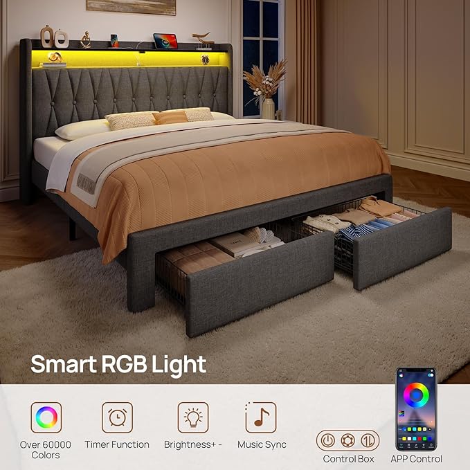 Rolanstar Queen Bed Frame with Drawers, Storage Headboard with Charging Station and LED Lights, Upholstered Bed with Heavy Duty Wood Slats, No Box Spring Needed, Noise Free, Easy Assembly, Dark Grey