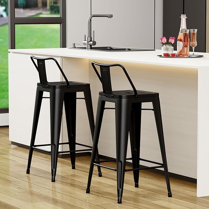 Tongli Metal Bar Stools Set of 2 Counter Stools Metal Bar Chairs Stools Counter Height Barstools Indoor Outdoor (Matte Black, 2PCS-30)