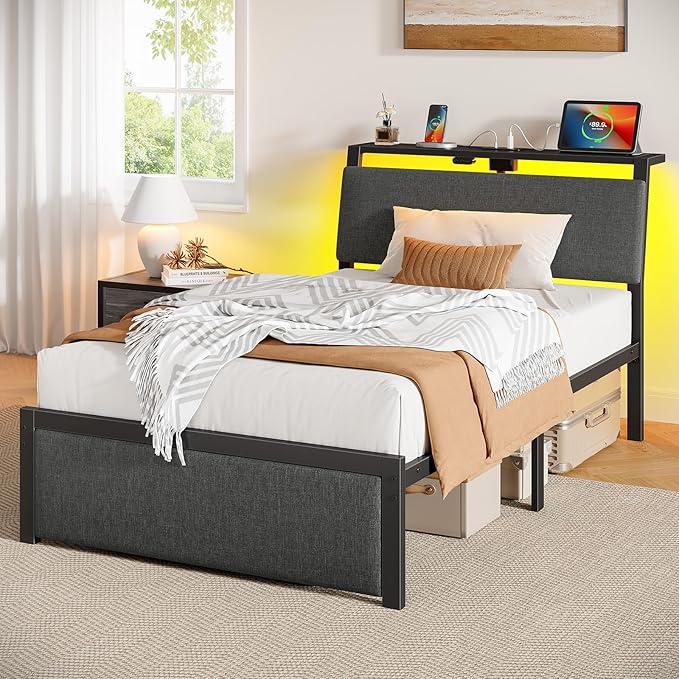 Rolanstar Twin Bed Frame with Ergonomic Headboard Storage & Charging Station, Upholstered Platform Bed with LED Light & Drawer, Heavy Duty Metal Slats, Noise Free, No Box Spring Needed, Grey