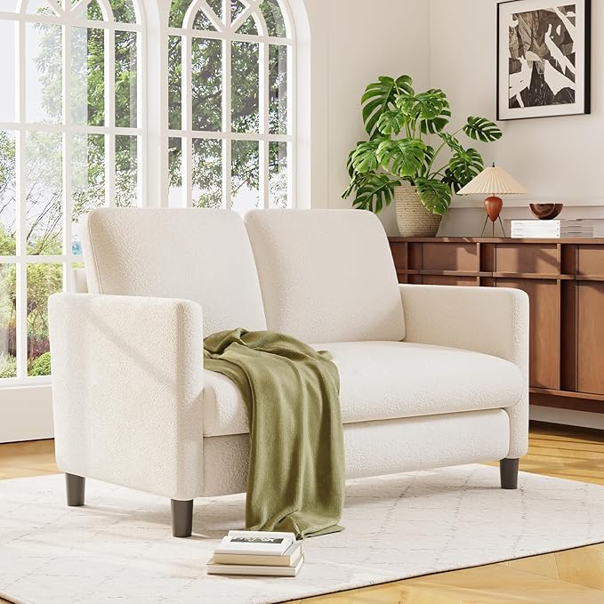 Welzona Loveseat, 51" Small Couch, Comfy Teddy Love Seat for Living Room, Tool-Free Setup Loveseat Sofa for Small Spaces, All-Wood Small Sofa Couch for Bedroom, No Pillow Included, Cream White