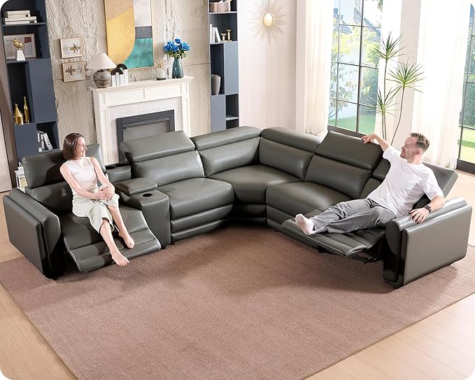 AMERLIFE Power Recliner Sofa, 129 Inch Oversized Reclining Sofa with Console & Speaker, 5 Seats L Shaped Sectional Couch for Living Room, Dark Grey Leather
