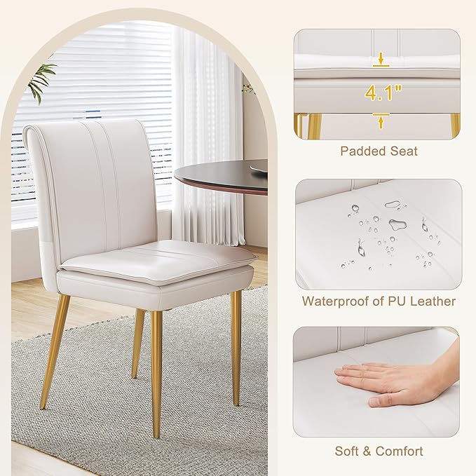 VECELO Upholstered PU Dining Chairs Set of 6, Kitchen Chairs with Padded Seat for Living Room, Dining Room, High Back and Steel Legs, Easy Assembly, White