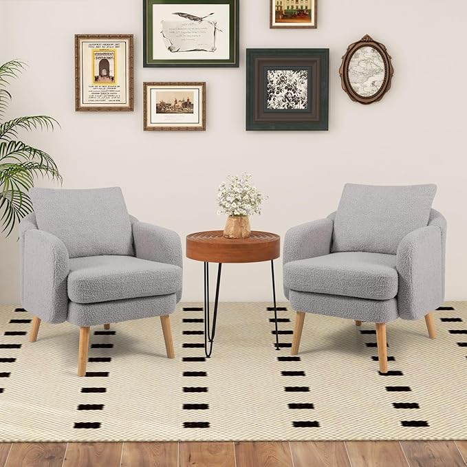 Giantex Sherpa Accent Chair Set of 2, Modern Upholstered Single Sofa Chair with Back Pillow & Solid Rubber Wood Legs, Teddy Barrel Arm Chair for Reading, Living Room, Bedroom, Office, Grey