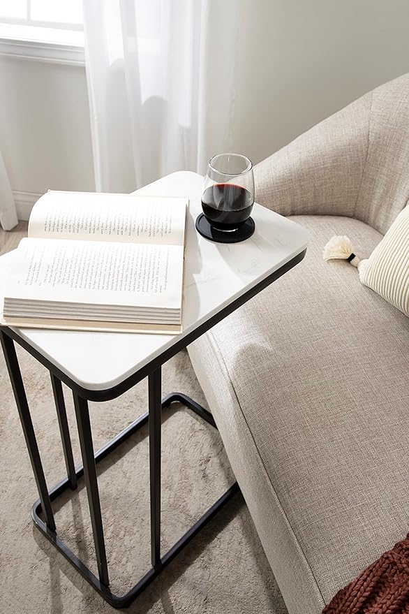 Kate and Laurel Credele Modern Marble C-Table End Table; 12 x 19 x 27; Black and White; Chic Contemporary TV Tray Table with Metal Legs and Cultured Marble Tabletop