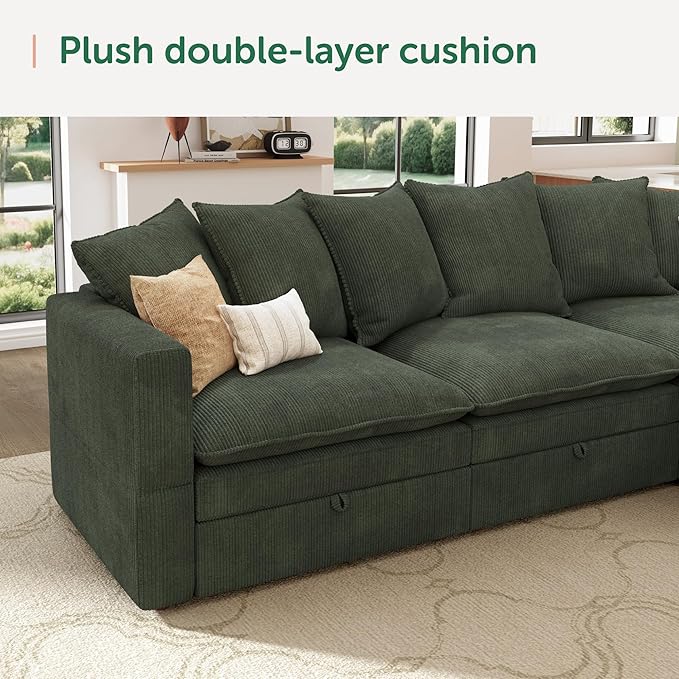 HONBAY Modular Sectional Sofa, 6 Seaters Corduroy Sectional Couchwith Ottoman, L Shaped Sofa with Storage & Pillows, Green