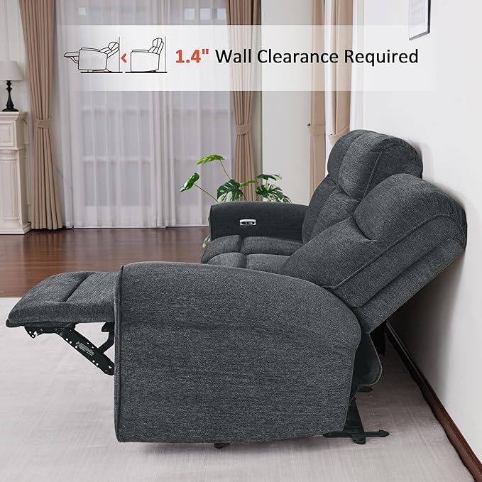 MCombo 87.8" Wall Hugger Power Reclining Sofa, 3-Seat Triple Recliner Couch with USB Ports, Rolled Arm Space Saving Recliner Sofa for Living Rooms Apartments RV, Fabric PR635M5 (Dark Grey) | 1.4" Wall Clearance