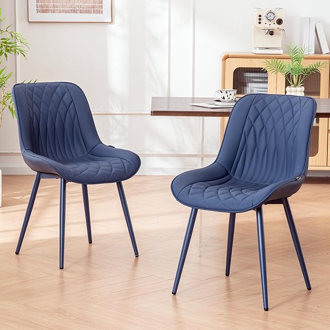 YOUNIKE Faux Leather Dining Chairs Set of 2 Mid-Century Modern High Padded Back Comfy Upholstered Kitchen Chairs with Metal Legs Wide Seat Accent Side Chair for Dining/Living/Waiting Room Navy Blue
