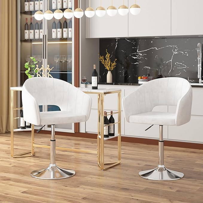 VECELO Velvet Accent Chair Set of 2, Adjustable Luxury Vanity & Dining Chair with Gold Barstool Base, 360°Swivel Upholstered Armchair for Living Room, Bedroom, Home Office, Pearl White