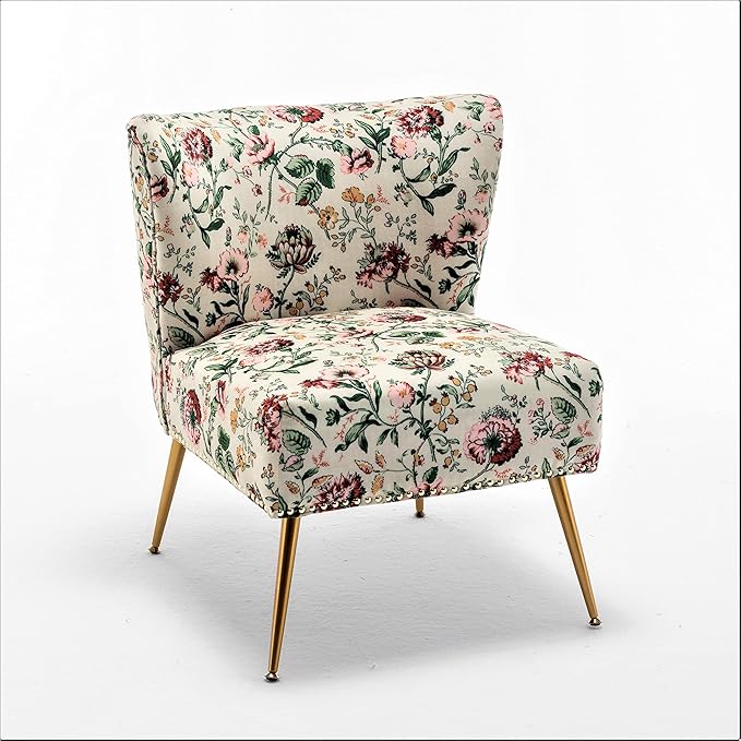 Thia Armless Accent Chair for Living Room, Elegant Seat with Nailhead Trim, Gold Metal Legs and Comfortable Curved Back, 28" D x 25" W x 29.5" H, 03 Floral Print
