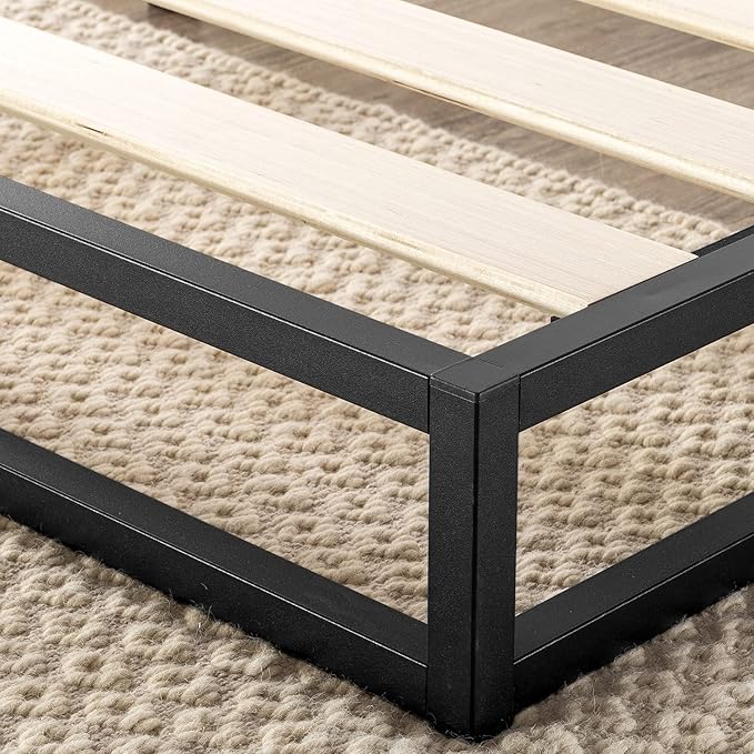 Mellow Modernista Low Profile 6 Inch Metal Platform Bed Frame with Classic Wooden Slat Support Mattress Foundation (No Box Spring Needed), Full, Black