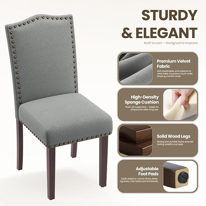 COLAMY Grey Upholstered Parsons Dining Chairs Set of 2,Comfortable Foam Seat, Classic Nailhead Trim, Solid Wood Legs, Stable & Easy to Assemble for Dining Room, Kitchen, Living Room & Café